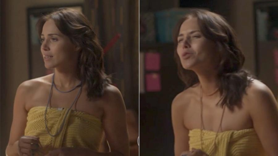 Na primeira imagem, Rosa (Letícia Colin) aparece com a toalha deixando a etiqueta à mostra; na segunda foto, a etiqueta some - Reprodução/TV Globo