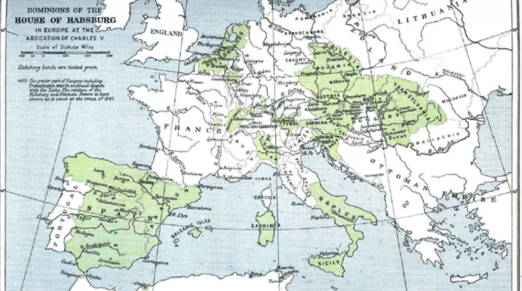 Carlos 5º governou territórios que abrangiam a Europa Ocidental e Central - The Cambridge Modern History Atlas - The Cambridge Modern History Atlas