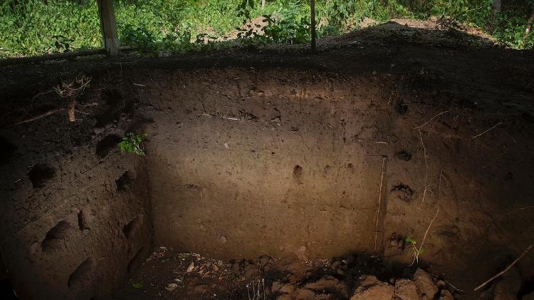Perfil de escavação em sítio de terra preta de índio na Vila Nova de Teotônio (RO)