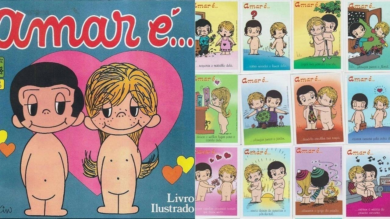 O álbum "Amar é..." com frases fofas e um casal de namorados mais fofo ainda, fez muito sucesso nos anos 80, lançado pela Editora Abril com figurinhas autocolantes. - Reprodução
