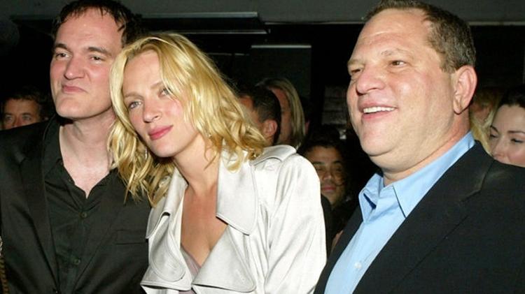 Quentin Tarantino, Uma Thurman e Harvey Weinstein durante um evento de cinema - Divulgação - Divulgação