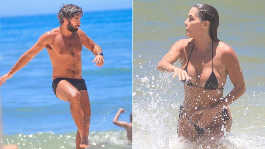 Deborah Secco foi à praia da Barra da Tijuca com o marido, Hugo Moura