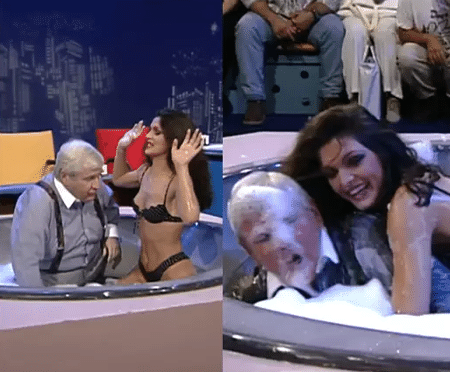 Luiza Ambiel 'afogou' Jô Soares em brincadeira no programa de TV Luiza Ambiel 'afogou' Jô Soares em brincadeira no programa de TV