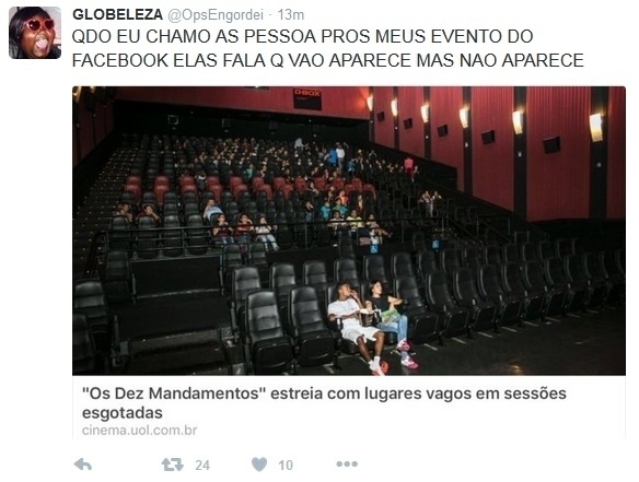 Internauta faz graça com a sala com pouco público no cinema do shopping Metrô Boulevard Tatuapé - Reprodução/Twitter