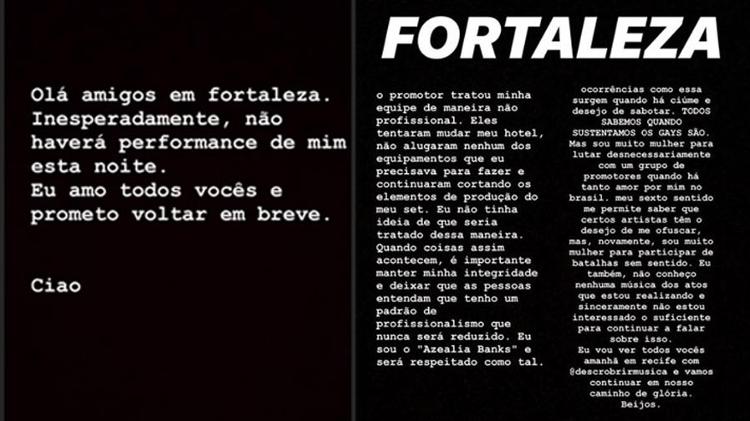 Mensagem postada por Azealia Banks sobre show em Fortaleza - Reprodução/Instagram - Reprodução/Instagram