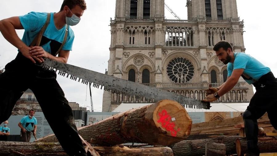 Árvores vão garantir as fundações de uma estrutura de cerca de 300 toneladas para sustentar sustentar a futura agulha da catedral de Notre-Dame de Paris - AFP