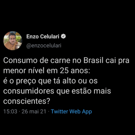 Enzo Celulari fez tweet questionando queda no consumo de carne - Reprodução/Twitter - Reprodução/Twitter