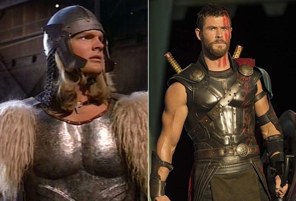À esquerda, Eric Allan Kramer em "A Volta do Incrível Hulk" (1988). À direita, Chris Hemsworth em "Thor: Ragnarok" (2017) - Divulgação