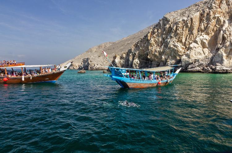 Turistas navegam no típico dhow para avistar golfinhos e os 'fiordes'