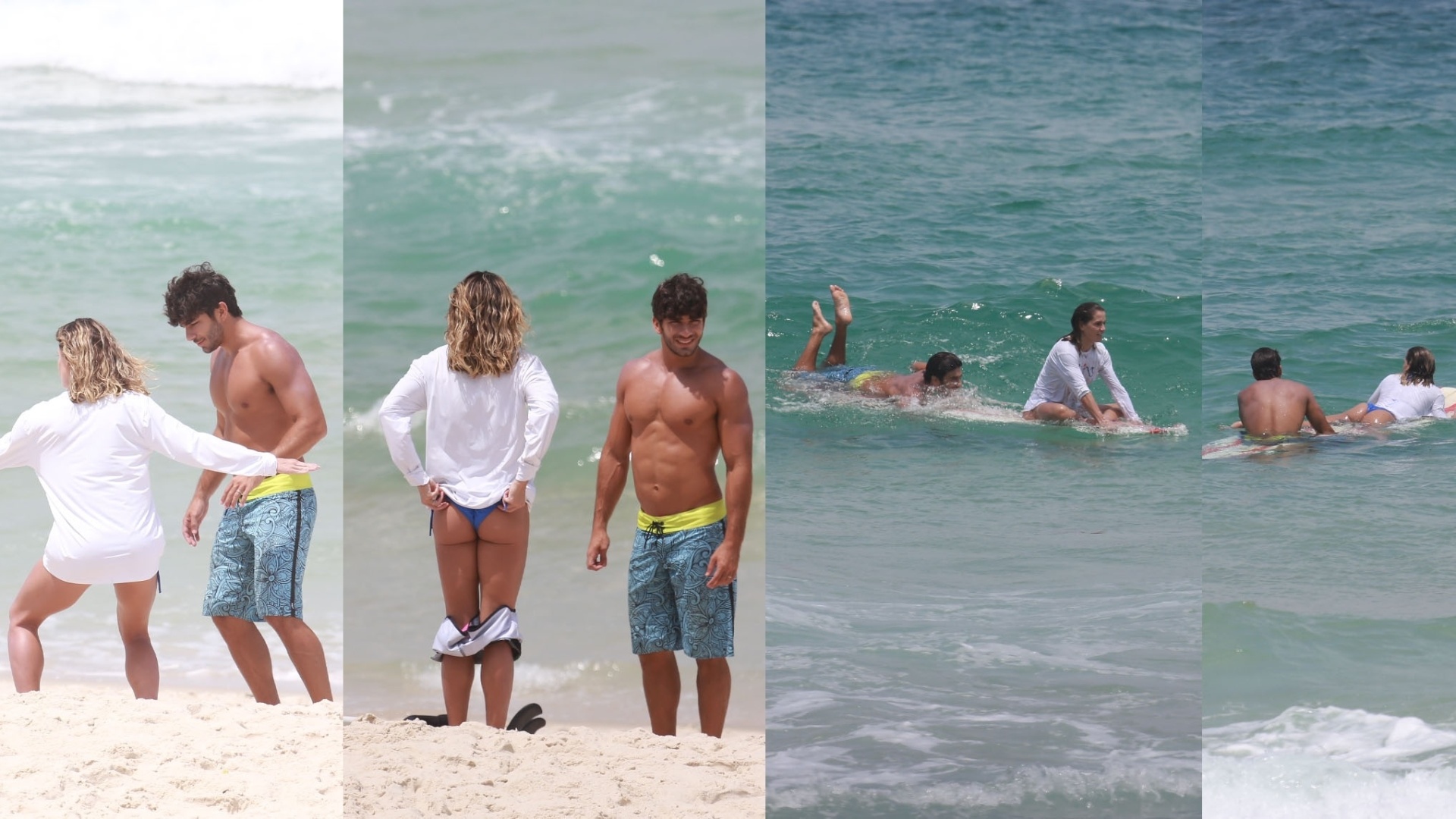 25.fev.2016- Deborah Secco aprende a surfar com seu marido Hugo Moura na praia da Barra da Tijuca, no Rio de Janeiro - Dilson Silva/Ag.News