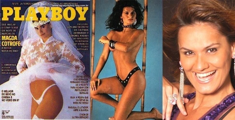 Musa dos anos 80, Magda Cotrofe foi capa da edição de outubro de 1987. Ela posou de noivinha com direito a vestido transparente no mesmo mês que se casou aos 24 anos - Reprodução/Playboy e Reprodução/Facebook