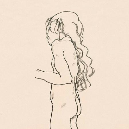 Garota nua em pé, virada para a esquerda (1918) de Egon Schiele - Desenho original do museu MET, aumentado digitalmente por rawpixel/Domínio público