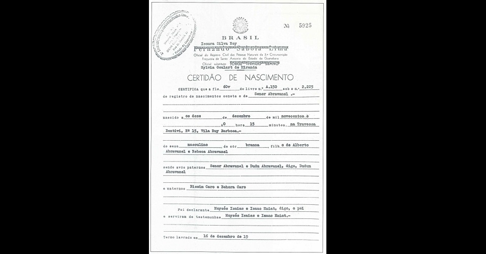 Certidão de nascimento de Silvio Santos - Reprodução