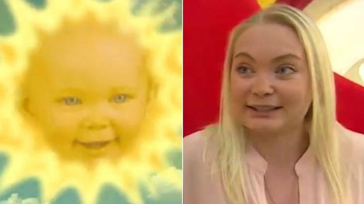 Jess Smith como o sol do programa infantil "Teletubbies" - Reprodução/Fotomontagem - Reprodução/Fotomontagem