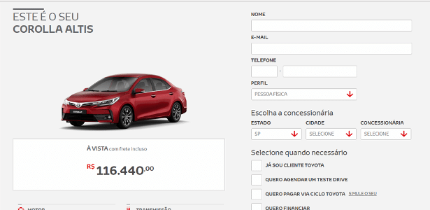 Corola Altis site R$ 116.440 - Reprodução/Internet - Reprodução/Internet