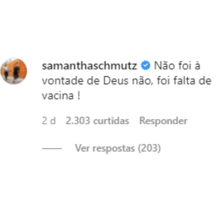 Comentário de Samantha Schmütz na foto de Gabriela Pugliesi - Reprodução/Instagram - Reprodução/Instagram
