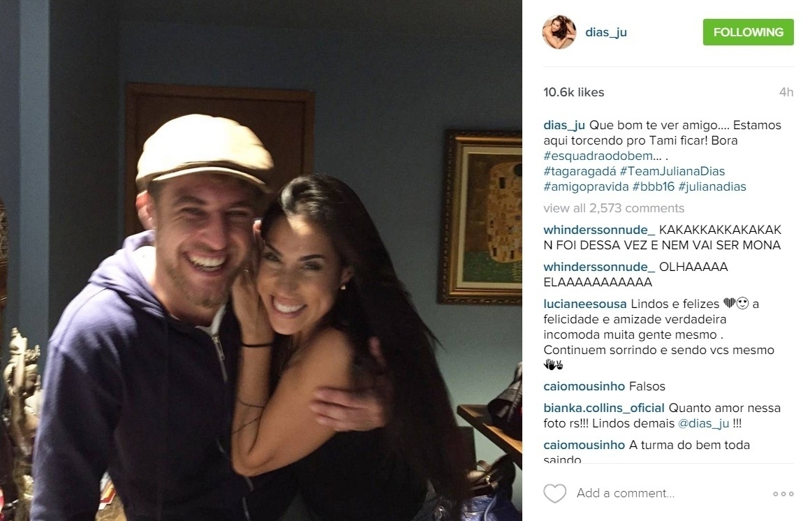 1.mar.2016 - Minutos antes de Bial anunciar a eliminação de Tamiel, a ex-BBB Juliana postou uma foto em que aparece ao lado do seu amigo de reality, Daniel. "Que bom te ver amigo.... Estamos aqui torcendo pro Tami ficar! Bora", escreveu a bailarina em seu perfil no Instagram - Reprodução /Instagram /dias_ju