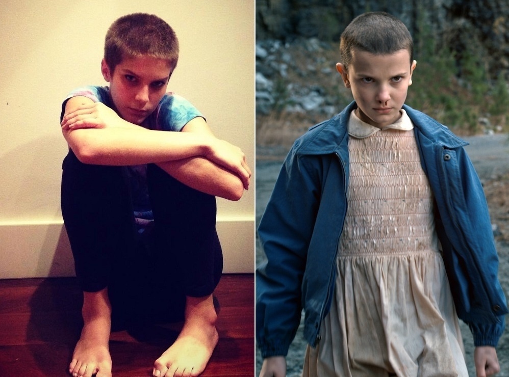 5.set.2016 - Isabella Santoni, que raspou o cabelo para "A Lei do Amor", próxima novela das nove, se comparou a Eleven, personagem de Millie Bobby Brown em "Stranger Things". A atriz publicou em seu Instagram uma foto sentada no chão imitando uma pose da garota da série da Netflix, que também raspou o cabelo para a série. "Eleven", comentou na rede social. Seguidores deram risada e concordaram com a semelhança - Montagem/UOL