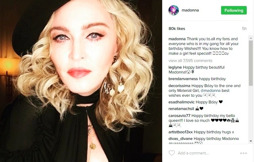 16.ago.2016 - Nesta terça-feira, Madonna publicou em seu Instagram um agradecimento aos fãs e amigos que mandaram parabéns pelo seu aniversário - Reprodução/Instagram madonna