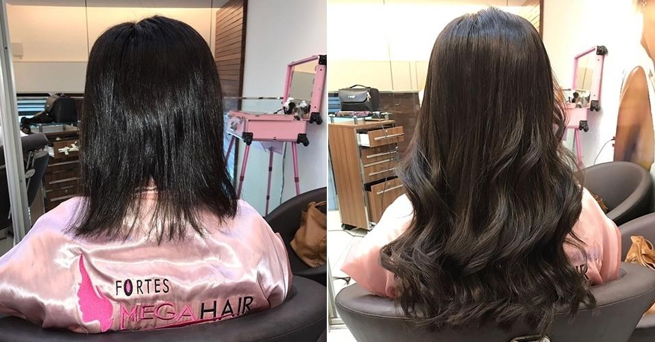 Antes e depois de cliente que utilizou o mega hair colocado com fita adesiva - Divulgação