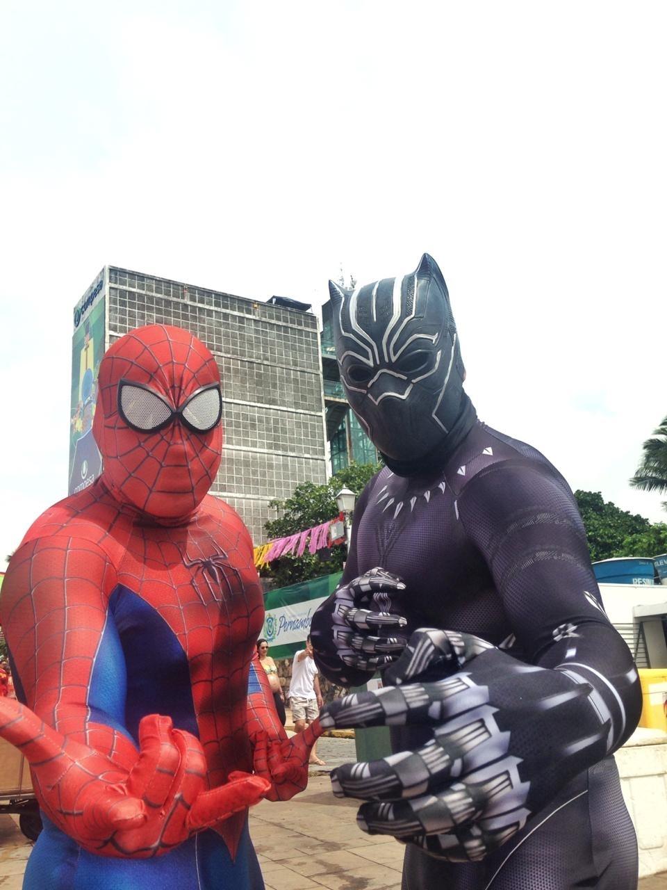 Fãs foram fantasiados de Homem-Aranha e Pantera Negra para curtir o bloco "Enquanto Isso na Sala da Justiça", no Recife - Alcione Ferreira/UOL