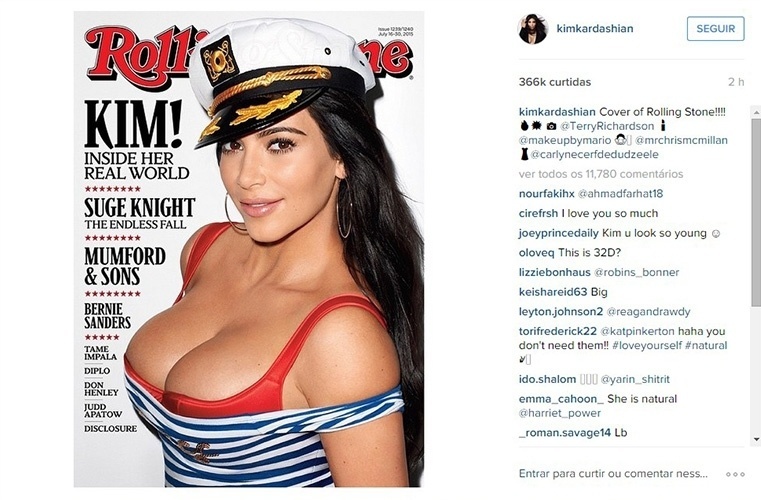 01.jul.2015 - Com decote generoso, Kim Kardashian é a capa da edição de julho da revista 