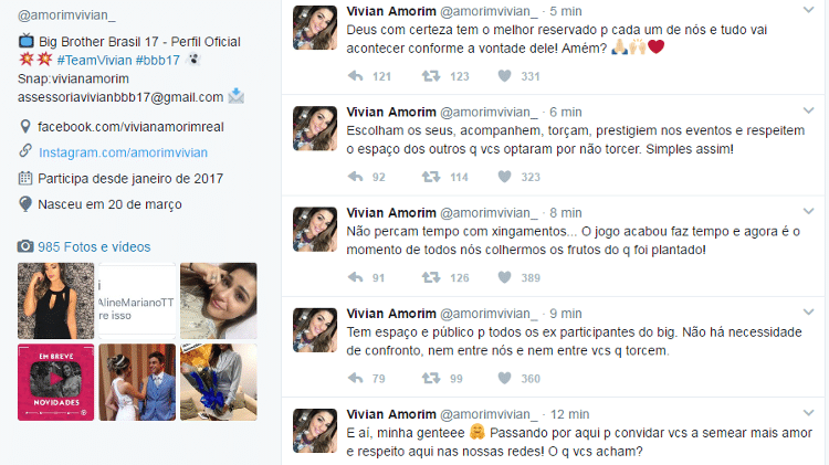 A ex-BBB Vivian publicou desabafo em sua conta no Twitter - Reprodução/Twitter - Reprodução/Twitter