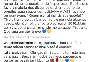 Juliana Alves lamentar deixar o posto de rainha de bateria da Unidos da Tijuca - Reprodução/Instagram - Reprodução/Instagram
