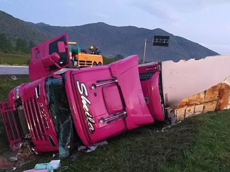 Um caminhão de brinquedo rosa com um para-choque preto e rodas rosa.