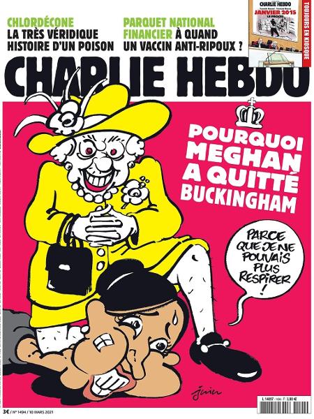 A rainha Elizabeth 2ª, retratada como assassina de George Floyd na capa do Charlie Hebdo - Reprodução/Twitter