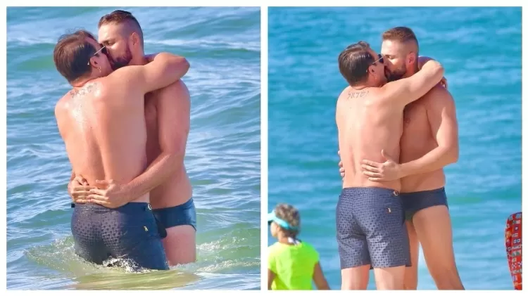 O ator Bernardo Langlott foi flagrado aos beijos com o apresentador Israel Cassol na praia da Barra da Tijuca, no Rio - Fabrício Pioyani/ AgNews - Fabrício Pioyani/ AgNews
