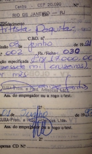 Em junho de 1991, Cátia ganhava 17 mil cruzeiros e tinha sua carteira assinada com o cargo: "Artista paquita"