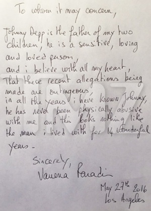 Carta divulgada por Vanessa Paradis em defesa de Johnny Depp em caso sobre agressão de Amber Heard - Reprodução/TMZ - Reprodução/TMZ