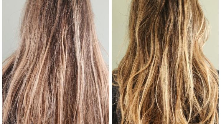 O cabelo de Elisa antes e depois do produto: cores mais vivas