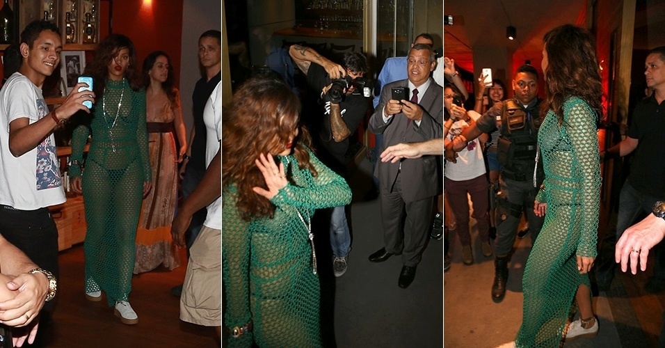 27.set.2015 - Com vestido transparente, Rihanna deixa churrascaria no Rio de Janeiro e é tietada por fãs