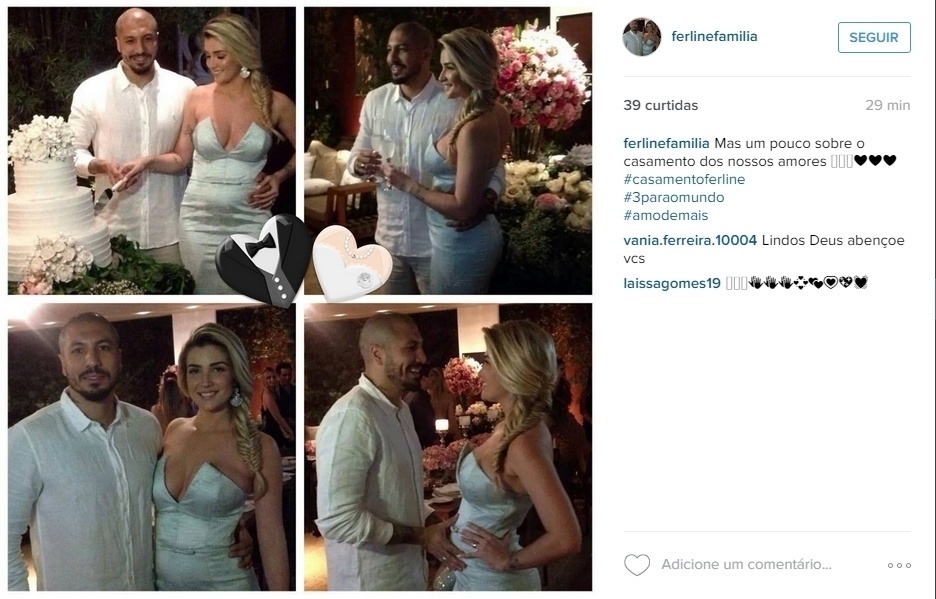 14.out.2015 - Fernando Medeiros e Aline Gotschalg trocaram as alianças na noite desta quarta-feira em uma cerimônia só para convidados íntimos. Aline usou um vestido decotado e justinho, que evidenciou sua barriguinha de gravidez. Fernando escolheu um look menos tradicional e optou por camisa social branca - Reprodução/Instagram ferlinefamilia