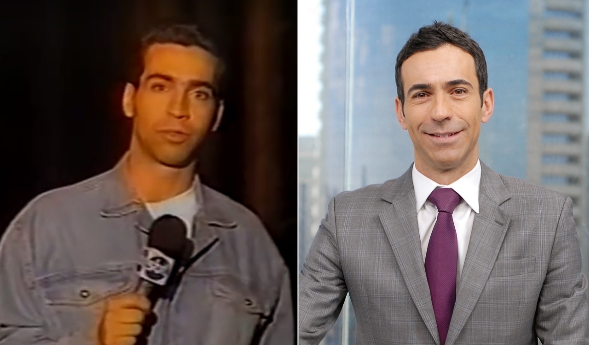 César Tralli começou no "Aqui Agora", do SBT, como repórter; atualmente apresenta o "SPTV 1ª Edição" na Globo - Montagem/UOL