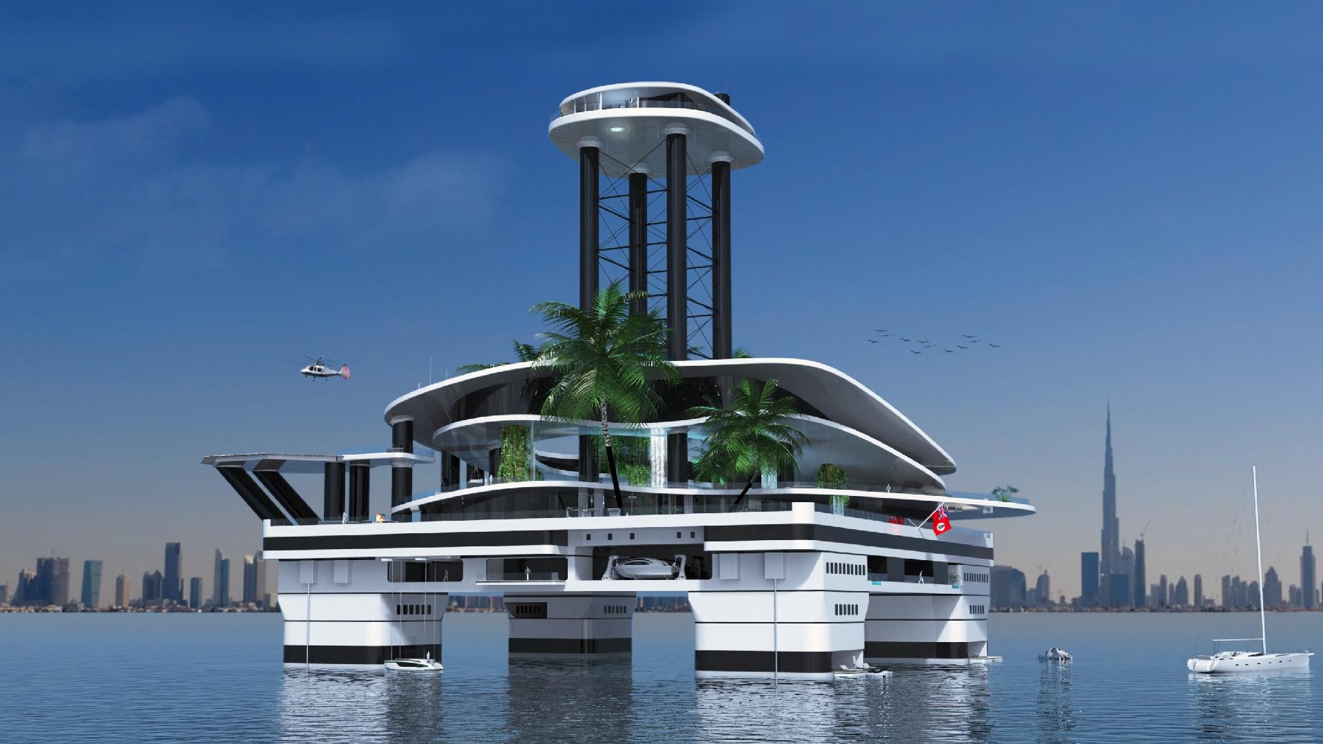 Por enquanto, o projeto é somente um conceito, sem preço definido. A ideia dos sócios da empresa austríaca Migaloo Private Submersible Yatchs em produzir ilhas flutuantes e iates submersíveis veio da grande procura, no mercado de alto luxo, por customização e privacidade para embarcações - Divulgação