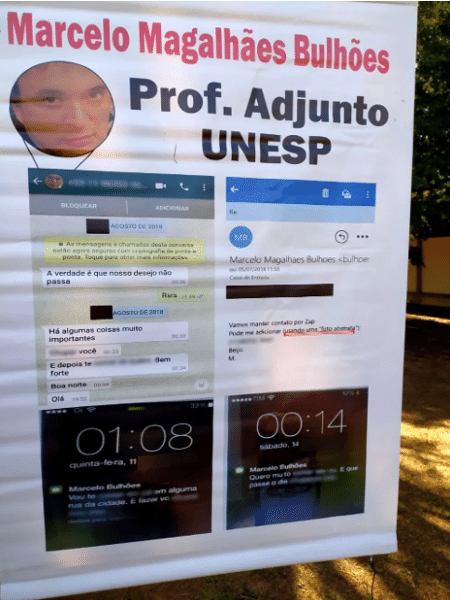 Cartazes com prints de conversas que seriam com professor Marcelo Bulhões foram espalhadas pelo campus da Unesp, em Bauru - Reprodução