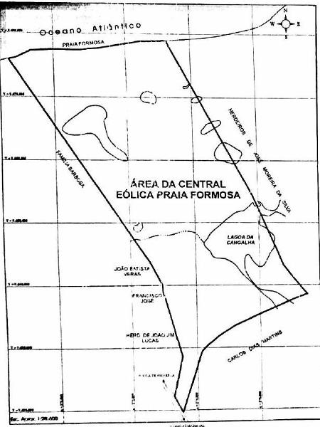 Mapa retirado do Relatório Ambiental Simplificado apresentado à Semace (Superintendência Estadual do Meio Ambiente) com o nome dos supostos proprietários das terras na área