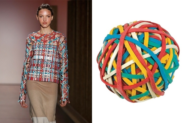 A blusa com tiras emaranhadas coloridas de Fernanda Yamamoto lembra uma bola de elásticos - Alexandre Schneider/UOL e Divulgação