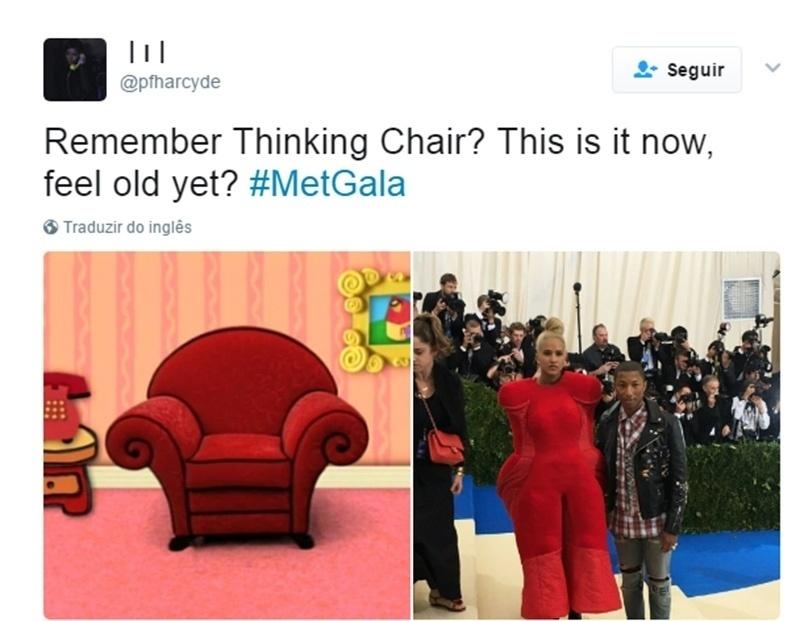 Helen Lasichanh, mulher do cantor Pharell, escolheu um look difícil de decifrar. É a que mais está ganhando memes e chegou a ser comparada com uma cadeira - Reprodução/Twitter