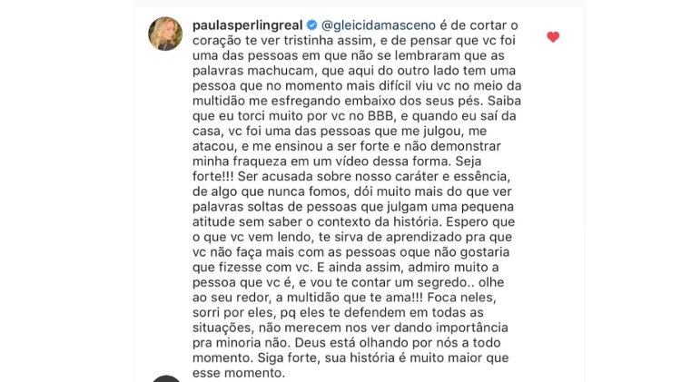 Paula Sperling escreve comentário para Gleici Damasceno  - Reprodução/Instagram - Reprodução/Instagram