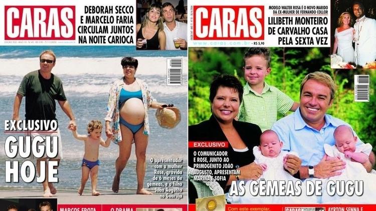 Segunda gravidez de Gugu e Rose estampou a revista Caras em 2003 - Montagem/UOL/Reprodução/Revista Caras