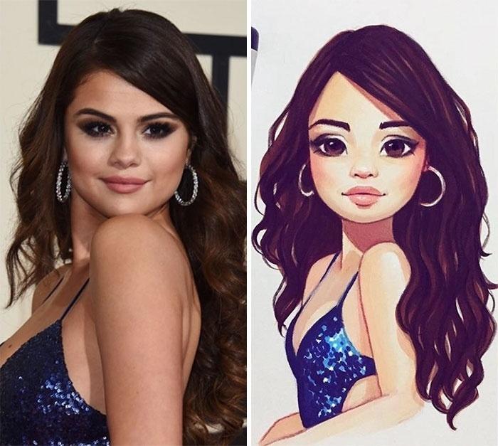 Com um traço "fofo", a ilustradora consegue deixar os desenhos "a cara" dos originais. Na imagem, a cantora Selena Gomez - Reprodução/Instagram