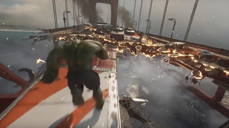 Hulk aparece quebrando tudo na Golden Gate - este é só o começo da história de 'Marvel's Avengers: A-Day' - Reprodução - Reprodução