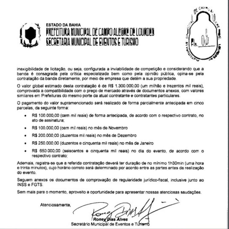 Contrato de Gusttavo Lima com a prefeitura de Campo Alegre de Lourdes (BA)
