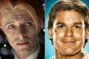 David Bowie (à esq.), em "O Homem que Caiu na Terra" (1976) e Michael C. Hall, em "Dexter" - Montagem