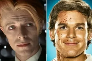 David Bowie (à esq.), em "O Homem que Caiu na Terra" (1976) e Michael C. Hall, em "Dexter" - Montagem