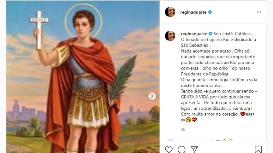 Regina Duarte celebra o dia de São Sebastião com imagem de Santo Expedito no Instagram - Reprodução